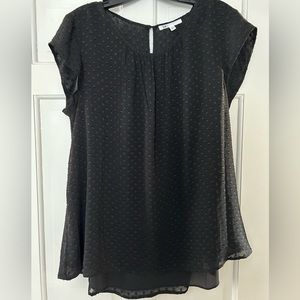 Black blouse with Swiss dot mesh overlay cap sleeve